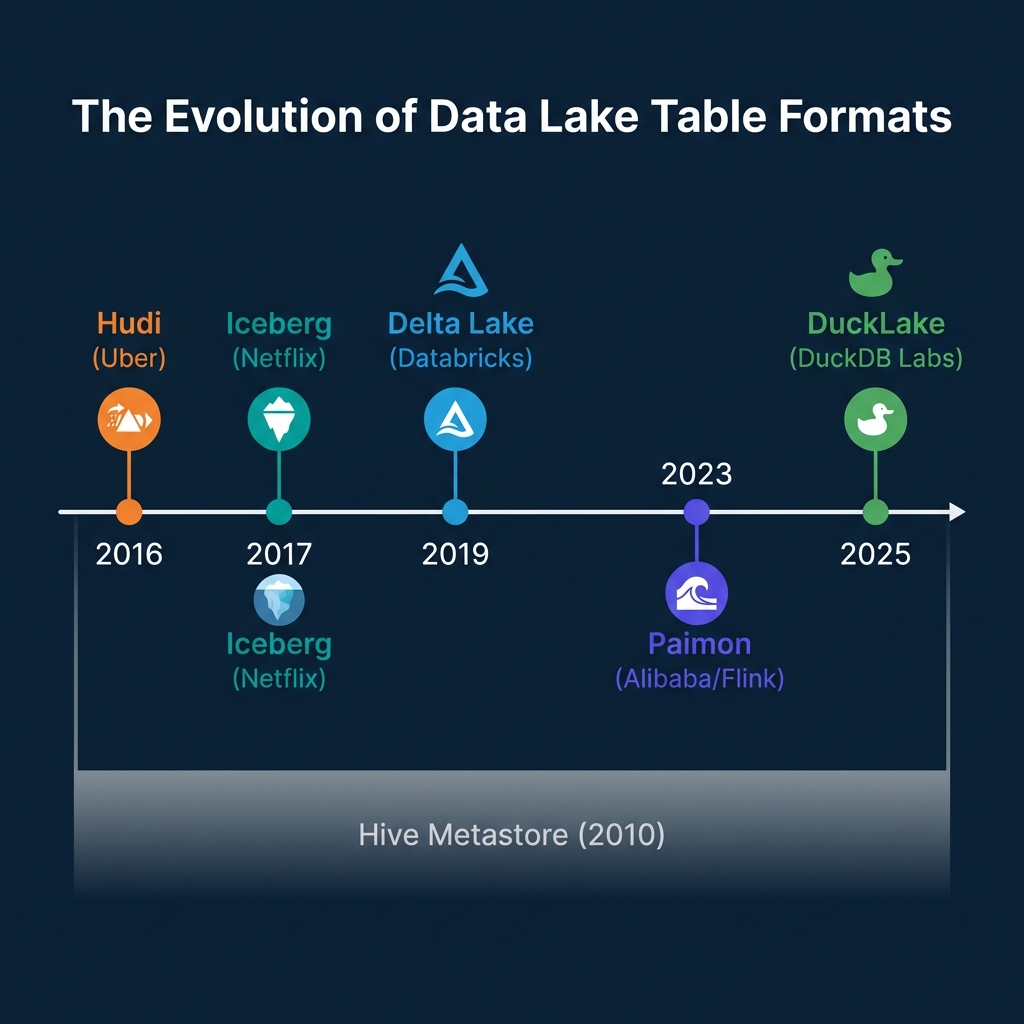Timeline showing the evolution from Hive Metastore through Hudi, Iceberg, Delta Lake, Paimon, and DuckLake