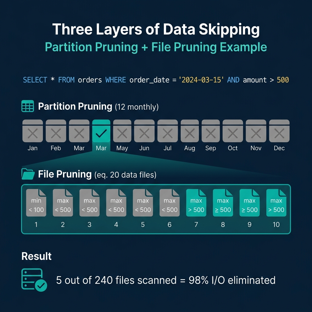 Three layers of data skipping showing partition pruning, file pruning, and the final result