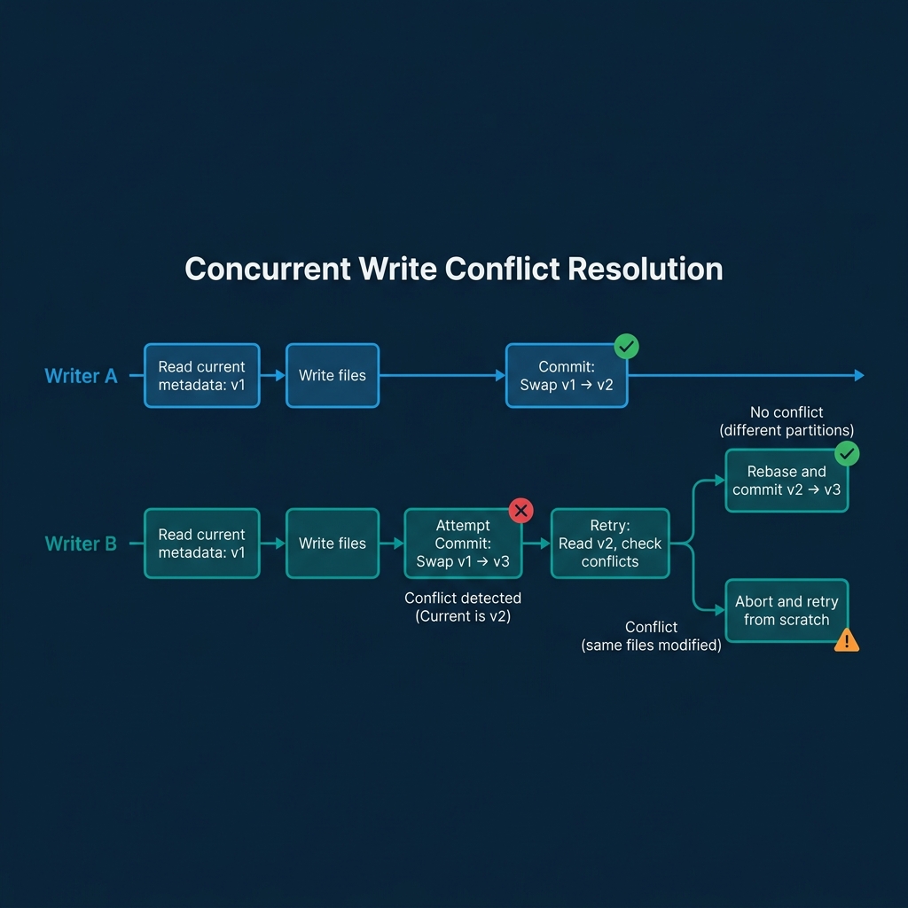 How two concurrent writers are resolved through optimistic concurrency with retry on conflict