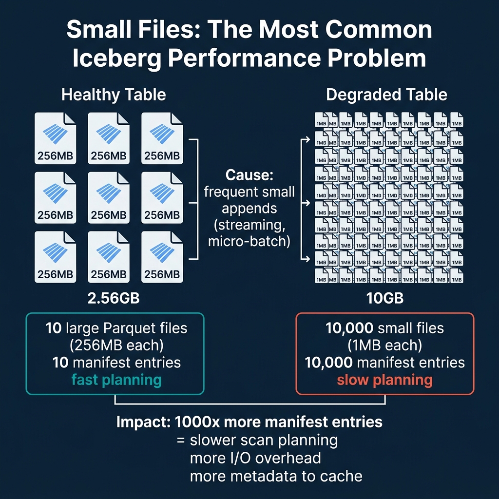 The small file problem comparing a healthy table with large files to a degraded table with thousands of tiny files
