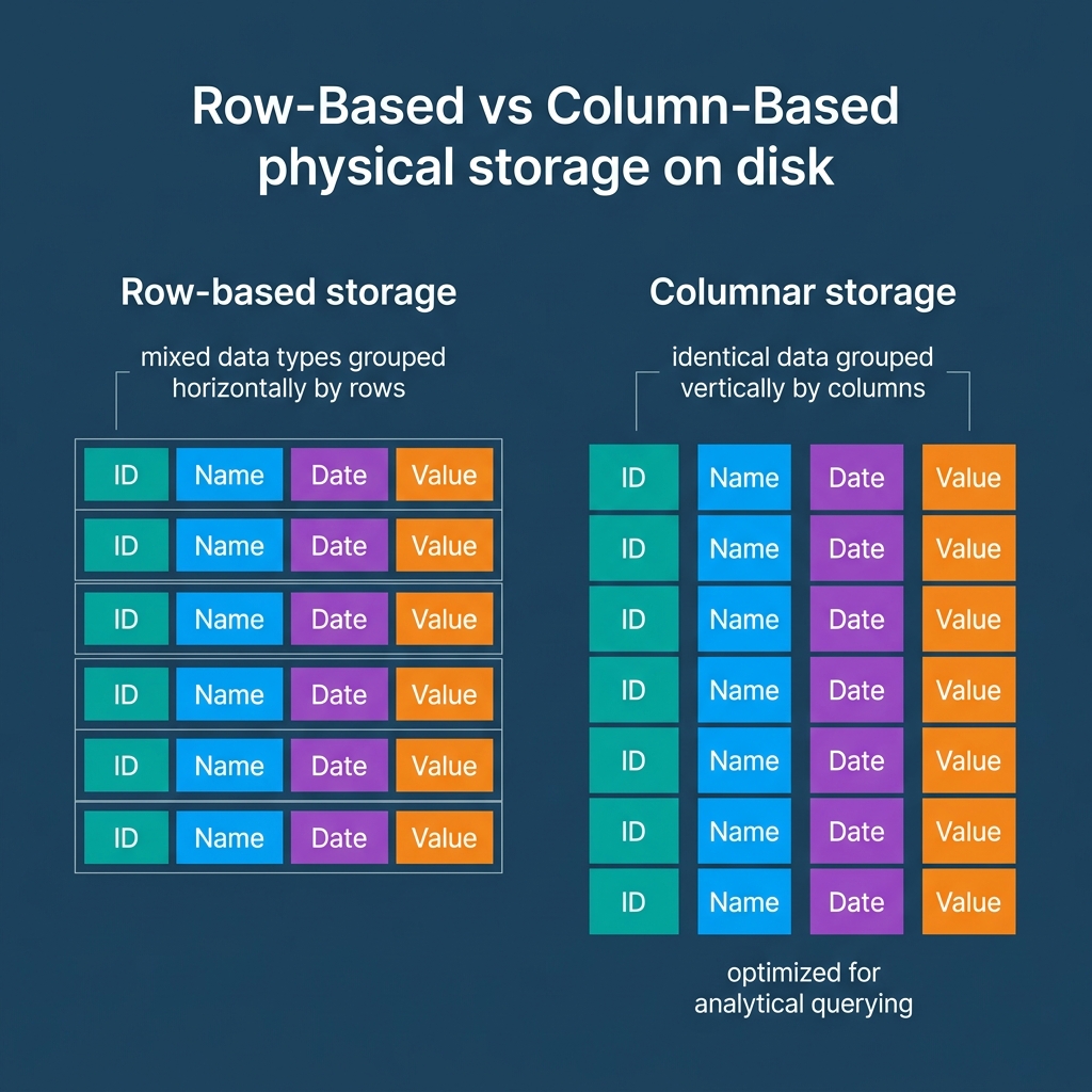 Diagram showing Row-Based vs Column-Based physical storage on disk