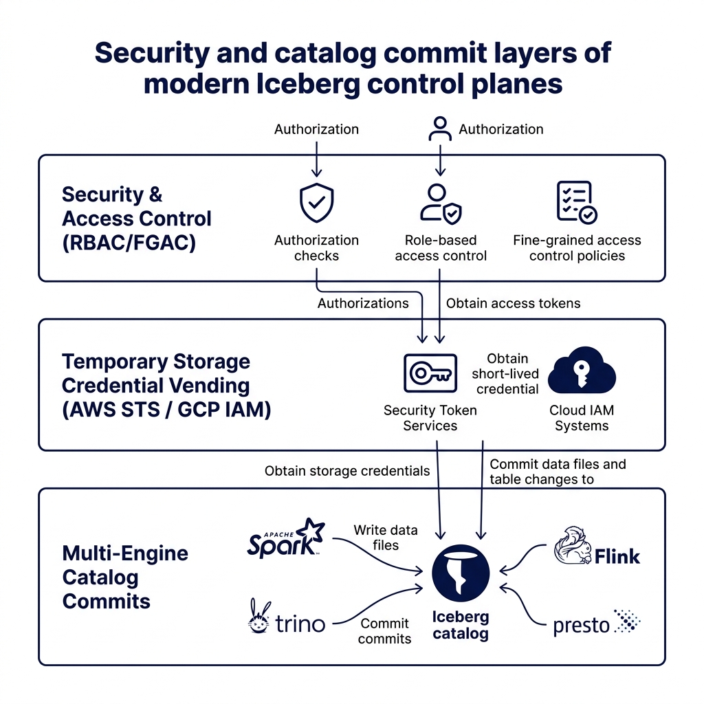 Stack diagram showing the security and catalog commit layers of modern Iceberg control planes including RBAC, credential vending, and multi-engine commits